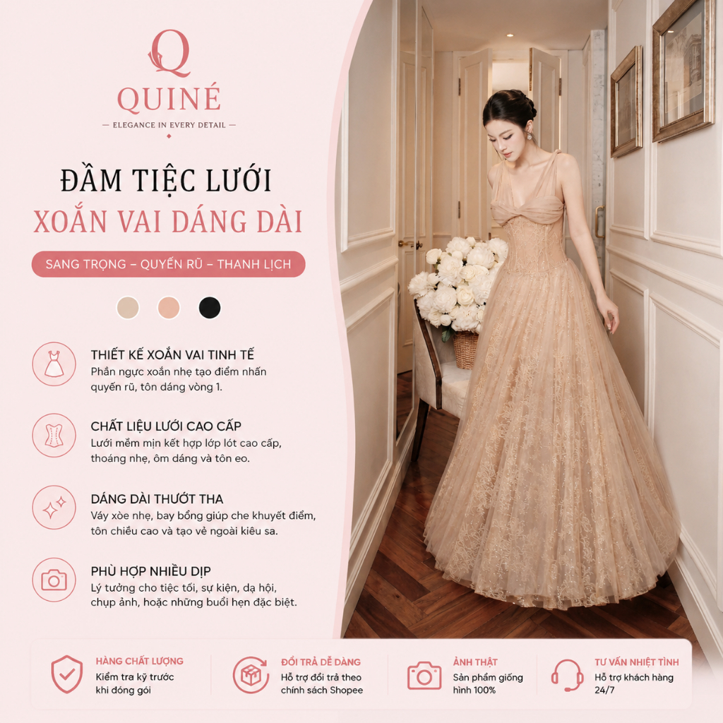 Đầm Tiệc Lưới Xoắn Vai Dáng Dài Sang Trọng - Váy Dạ Hội Maxi Tôn Dáng Cao Cấp, Đính Kim Tuyến Thanh Lịch