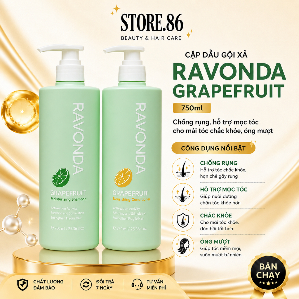 Cặp Dầu Gội Xả Bưởi RAVONDA 750ml | Dưỡng Tóc Mềm Mượt, Sạch Thoáng Cho Tóc Khô Xơ
