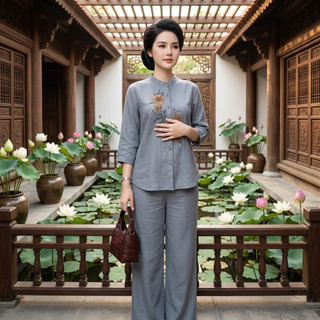 Bộ Đồ Đũi Trung Niên Nữ Đi Chùa Thêu Hoa Cao Cấp Áo Tay Lỡ Quần Suông Rộng Thanh Lịch Sang Trọng - Anh Thư Shop (AT54)