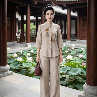 Bộ Đồ Đũi Trung Niên Nữ Đi Chùa Thêu Hoa Cao Cấp Áo Tay Lỡ Quần Suông Rộng Thanh Lịch Sang Trọng - Anh Thư Shop (AT54)
