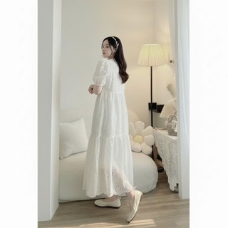Váy bầu cổ tim VIBA [ VB115] dáng babydoll chất liệu ren boy dáng dài màu hồng kem có size tận 75ky