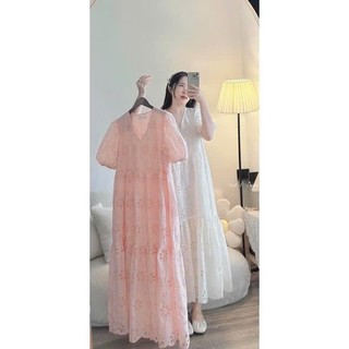 Váy bầu cổ tim VIBA [ VB115] dáng babydoll chất liệu ren boy dáng dài màu hồng kem có size tận 75ky