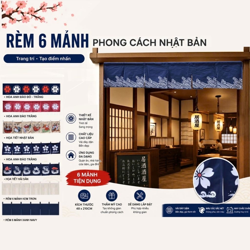 [6 MẢNH KHÔNG THANH TREO]Màn rèm Nhật ngang 6 mảnh quai 2m1x48cm (chưa gồm thanh)/không quai 2m1x40cm