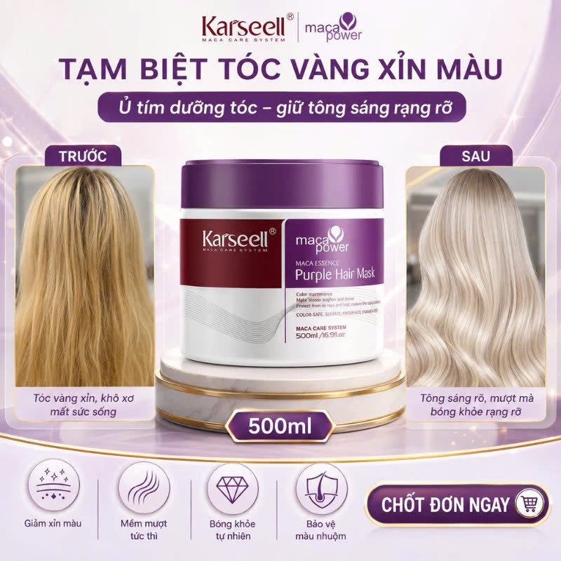 Combo Gội Tím + Kem Ủ Tóc Tím Karseell 500ml | Chăm Sóc Tóc Tẩy, Giúp Tóc Mềm Mượt & Bóng Khỏe