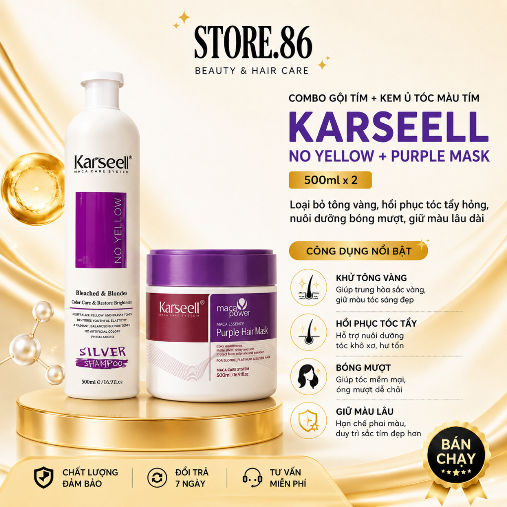 Combo Gội Tím + Kem Ủ Tóc Tím Karseell 500ml | Chăm Sóc Tóc Tẩy, Giúp Tóc Mềm Mượt & Bóng Khỏe