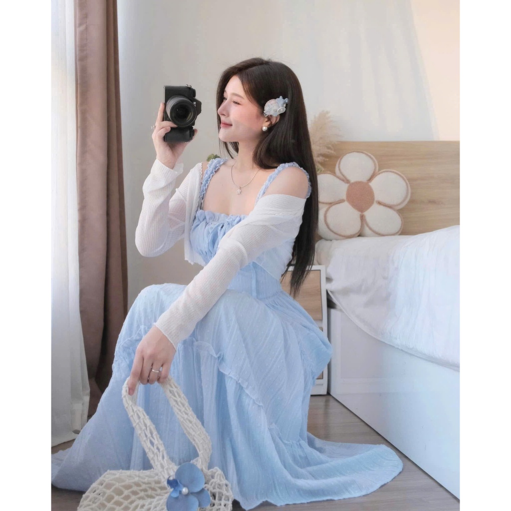 Set Váy Nữ, Váy 2 Dây Dáng Dài Đi Biển Dáng Dài Cổ Vuông Mix Áo Cardigan
