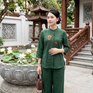 Bộ Đồ Đũi Trung Niên Nữ Đi Chùa Thêu Hoa Cao Cấp Áo Tay Lỡ Quần Suông Rộng Thanh Lịch Sang Trọng - Anh Thư Shop (AT54)