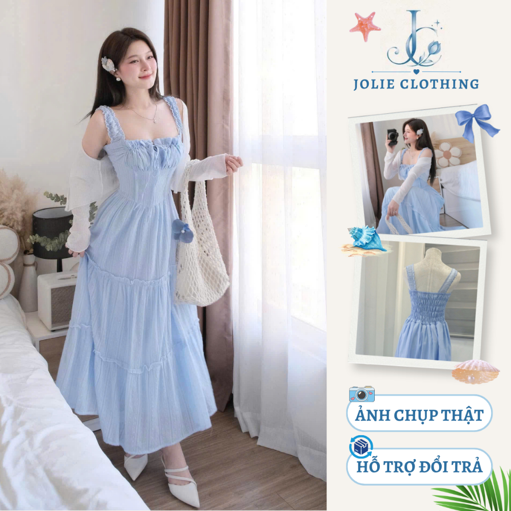 Set Váy Nữ, Váy 2 Dây Dáng Dài Đi Biển Dáng Dài Cổ Vuông Mix Áo Cardigan