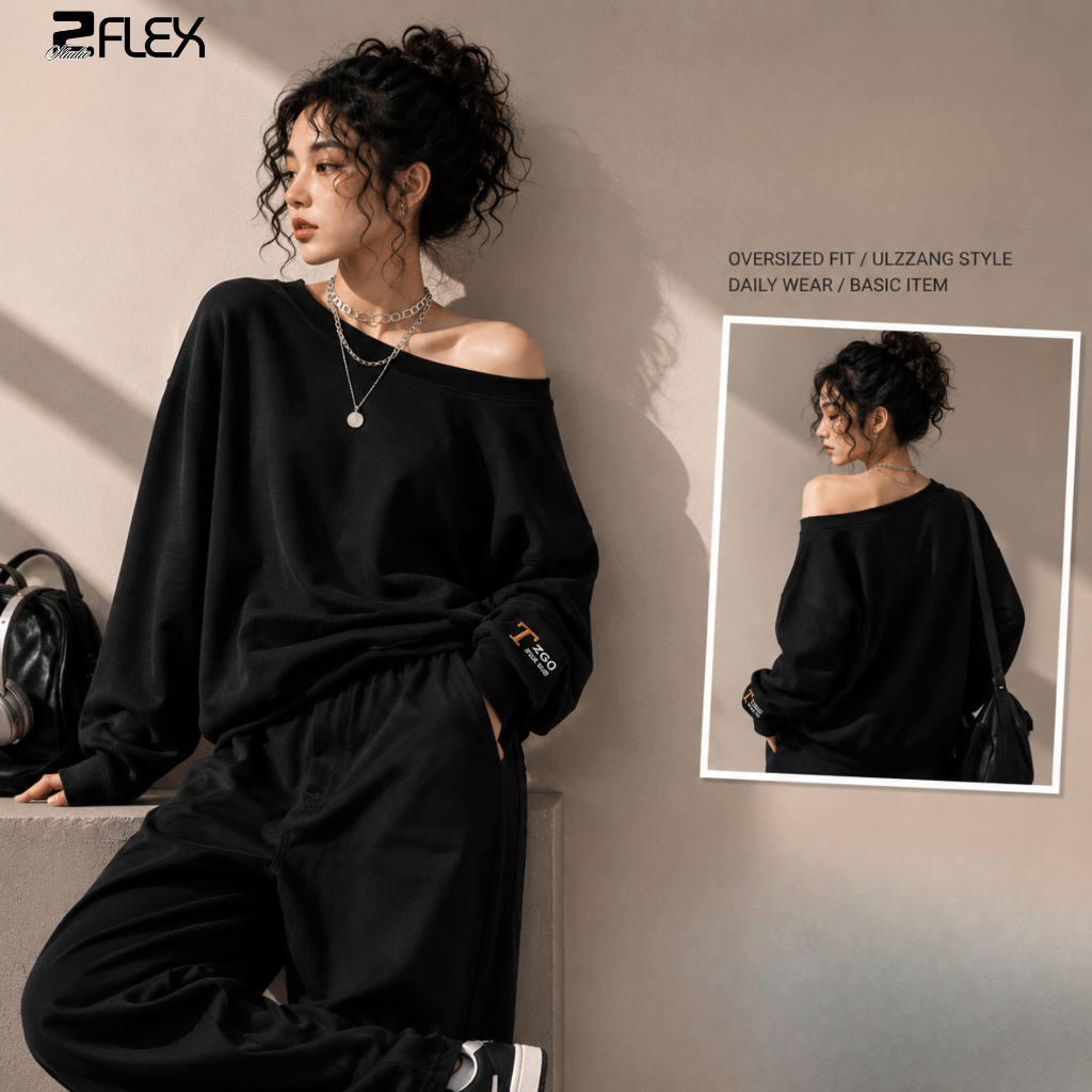 Áo Sweater Nữ ZFLEX AZG45 Form Boxy Lệch Vai Vải Nỉ Chân Cua Dày Dặn Ulzzang
