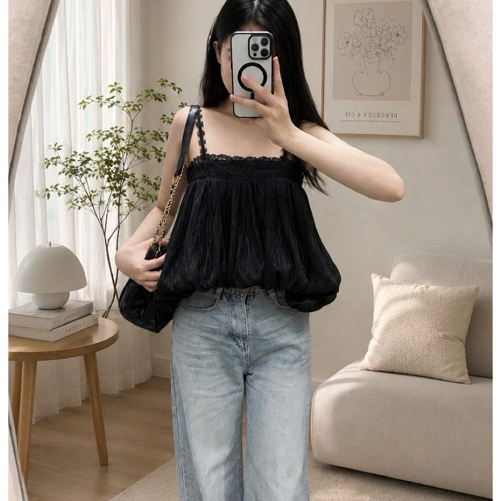 | LYN WEAR | (DEAL MỞ BÁN) Áo 2 dây bí phồng xoè phối ren ngực, thắt nơ, đi biển du lịch mùa hè
