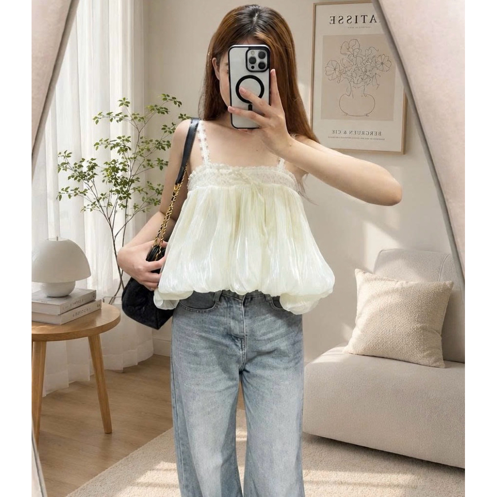| LYN WEAR | (DEAL MỞ BÁN) Áo 2 dây bí phồng xoè phối ren ngực, thắt nơ, đi biển du lịch mùa hè