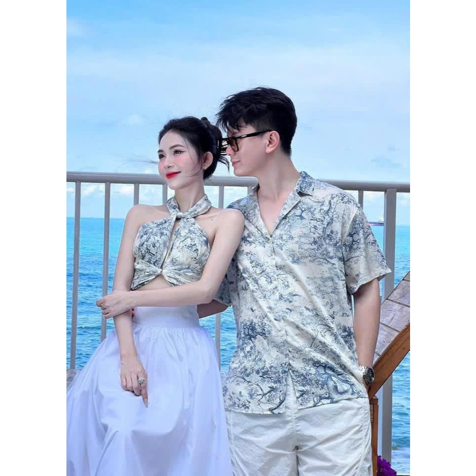 Set đôi chất liệu lụa cao mix chân váy thô dành cho cặp đôi đi biển du lịch bao sang chảnh xịn xò