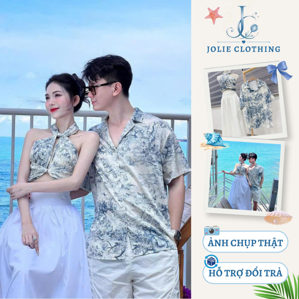 Set đôi chất liệu lụa cao mix chân váy thô dành cho cặp đôi đi biển du lịch bao sang chảnh xịn xò