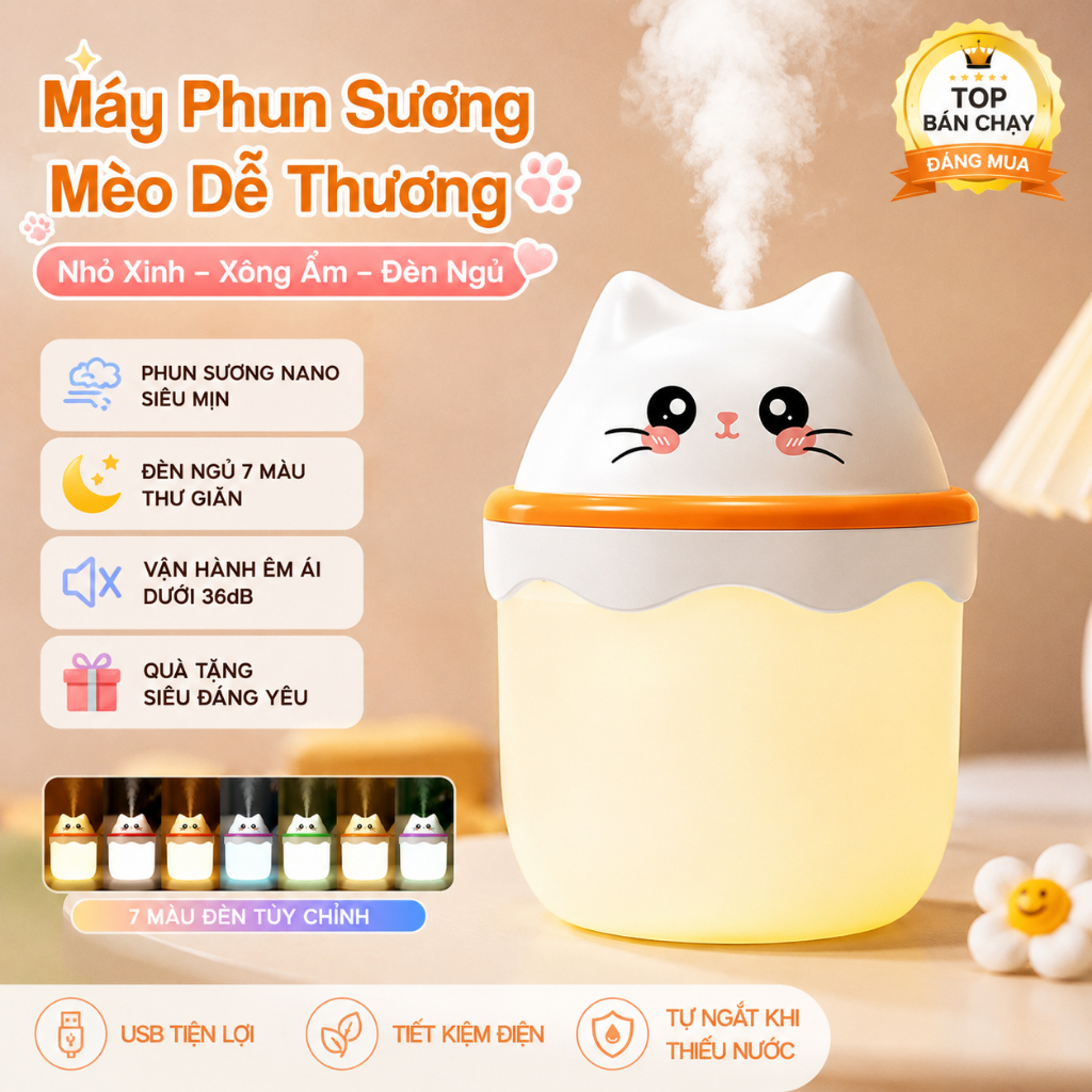 Máy Phun Sương Tạo Độ Ẩm Mini Hình Mèo USB｜Đèn Ngủ LED 7 Màu｜Decor Phòng Ngủ