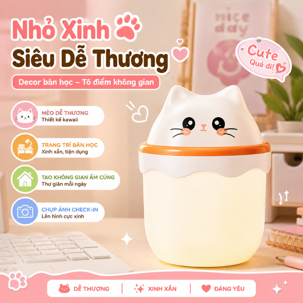 Máy Phun Sương Tạo Độ Ẩm Mini Hình Mèo USB｜Đèn Ngủ LED 7 Màu｜Decor Phòng Ngủ