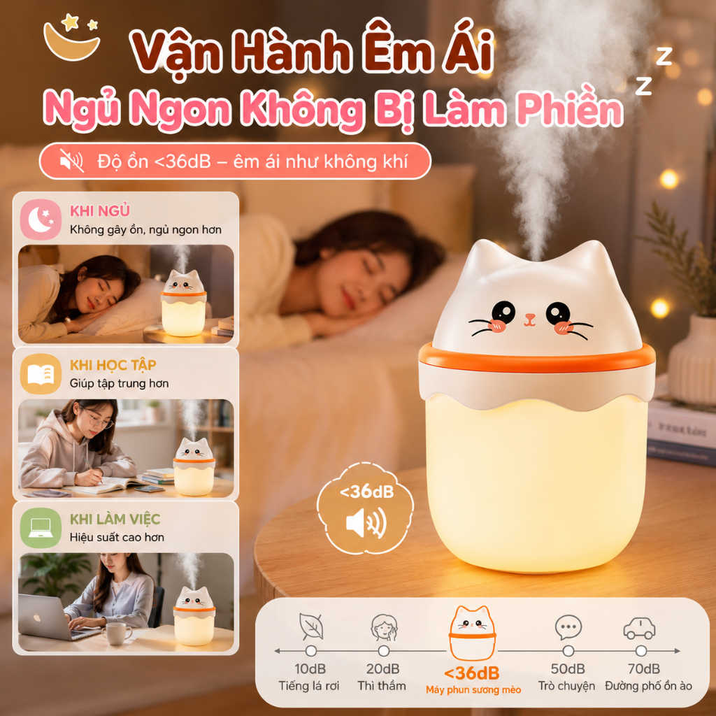 Máy Phun Sương Tạo Độ Ẩm Mini Hình Mèo USB｜Đèn Ngủ LED 7 Màu｜Decor Phòng Ngủ