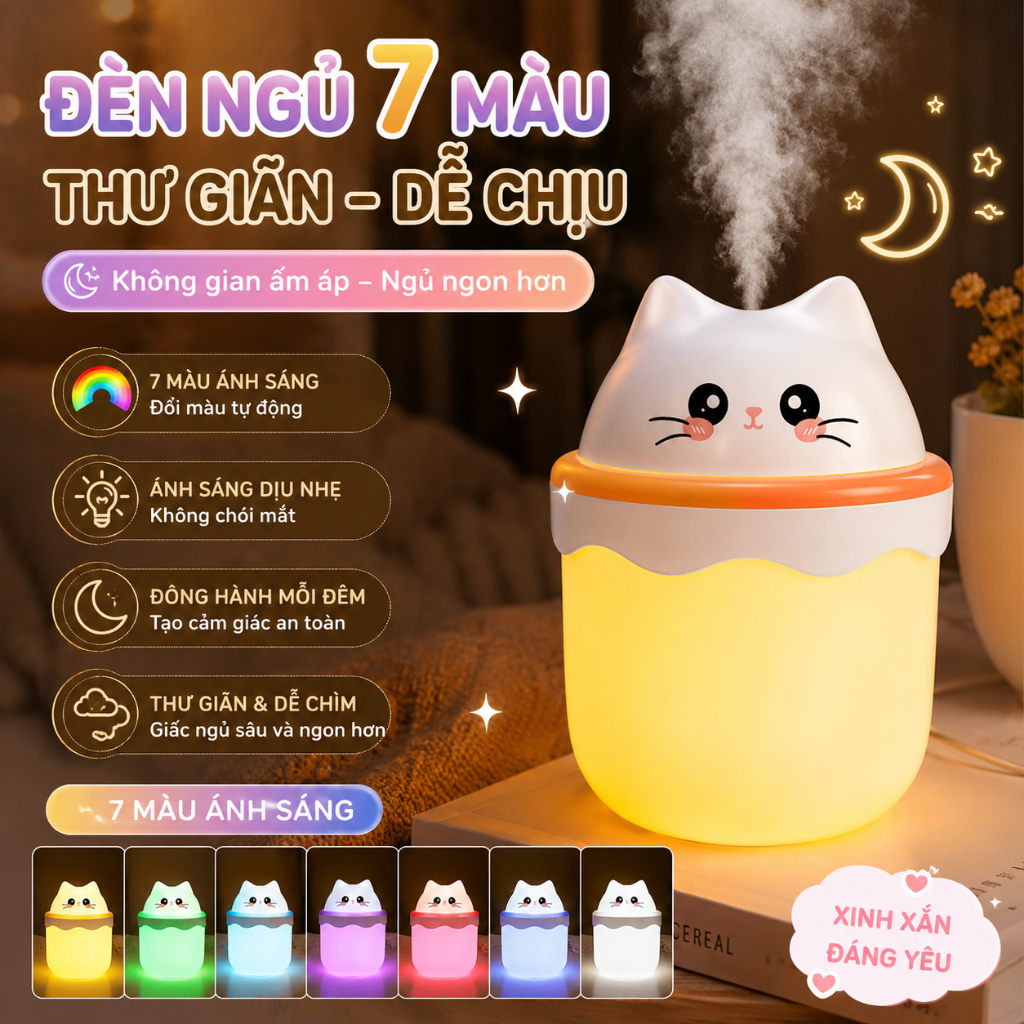 Máy Phun Sương Tạo Độ Ẩm Mini Hình Mèo USB｜Đèn Ngủ LED 7 Màu｜Decor Phòng Ngủ