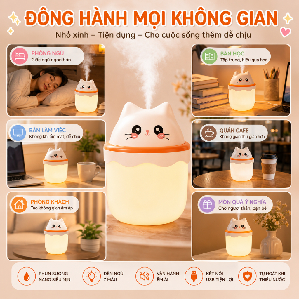 Máy Phun Sương Tạo Độ Ẩm Mini Hình Mèo USB｜Đèn Ngủ LED 7 Màu｜Decor Phòng Ngủ