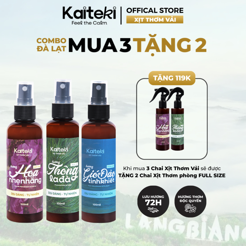 Xịt Thơm Quần Áo Kaiteki 100ml - Hương Nước Hoa Cho Quần Áo, Thơm Lâu 72H, Khử Mùi Vải - Mua 3 tặng 2