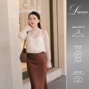 LABAVISTA Áo sơ mi nữ vải tơ nến kem chấm bi chiết ly cách điệu có lót trong phong cách thanh lịch