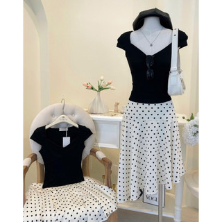 SEP House - Set áo thun đen ôm cổ tim s phối chân váy lụa chấm bi tà xéo lệch trendy tôn dáng - Hàng loại 1