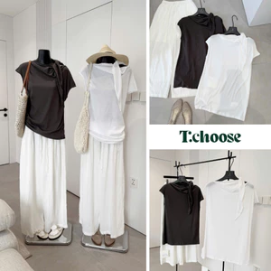 Áo thun tay hến lệch vai cổ nhún buộc dây 04158 TCHOOSE