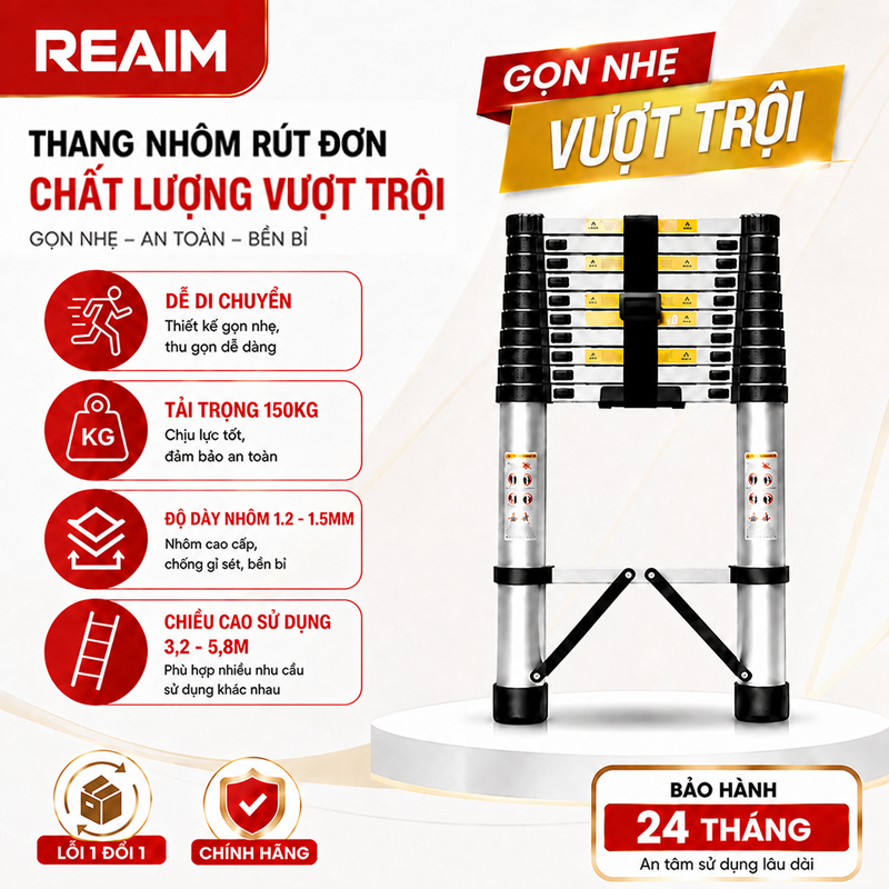 Thang nhôm REAIM rút đơn xếp gọn 1.9 - 5,9m công nghệ Nhật Bản, bảo hành chính hãng 24 tháng