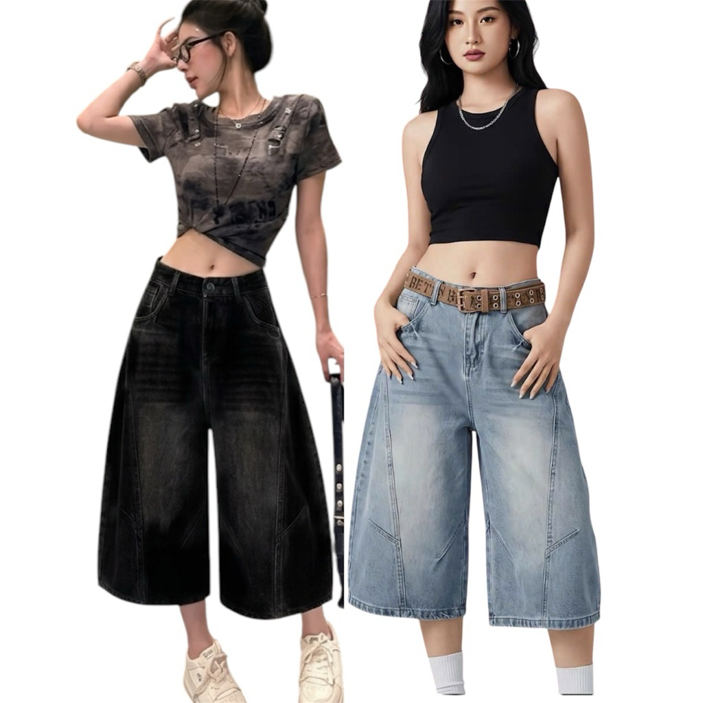 Quần Short Jean Lửng khóa Nữ Ống Rộng Cạp Cao Form Rộng Cá Tính, Quần Jean Short Lửng Qua Gối Unisex Cả Nam Nữ - Q04 | BigBuy360 - bigbuy360.vn
