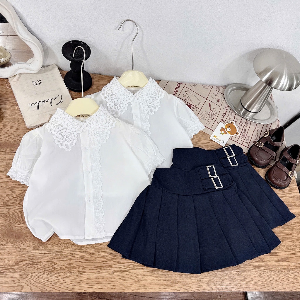 Đồ bộ bé gái, set đồ bé gái, áo sơ mi cổ ren mix chân váy xếp ly cho bé đi học, đi chơi 10-30kg Hami Kids