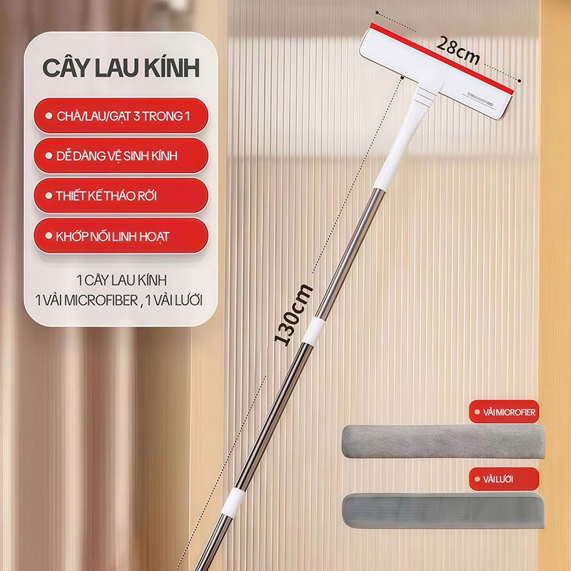 Cây Lau Kính OKwife HD-7309, Cây Gạt Kính Lau Kính Đa Năng 3 Trong 1, Cán Dài 130CM