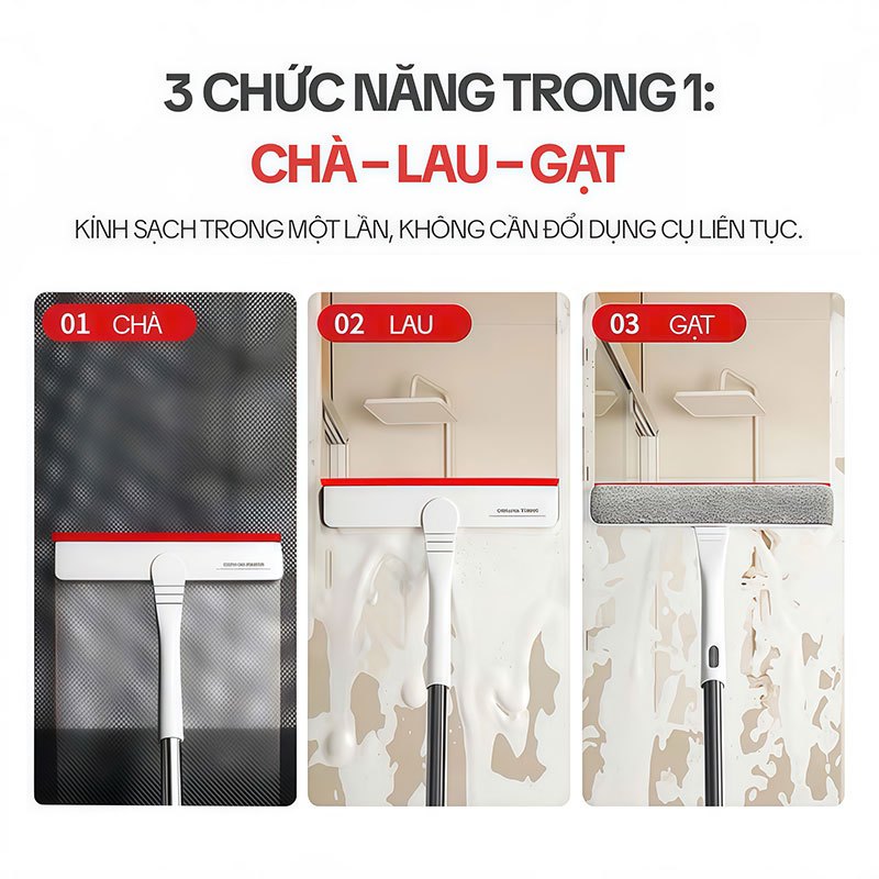 Cây Lau Kính OKwife HD-7309, Cây Gạt Kính Lau Kính Đa Năng 3 Trong 1, Cán Dài 130CM
