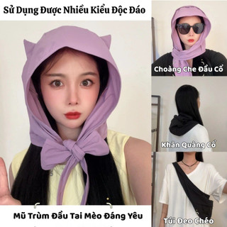 Mũ Trùm Đầu Thắt Nơ Phong Cách Tai Mèo Siêu Xinh, Nón Che Nắng 3in1 Mềm Thoáng Khí  King Shop N-969