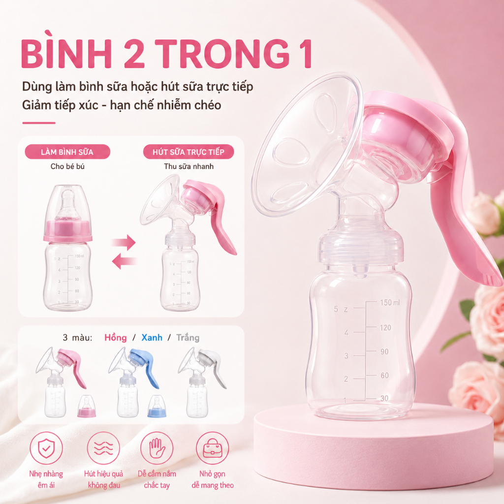 Máy Hút Sữa Tay Cao Cấp – Điều Chỉnh Lực Hút Linh Hoạt, Êm Ái, Gọn Nhẹ – Bình Hút Sữa 150ml Kèm Núm Ty &amp; Nắp