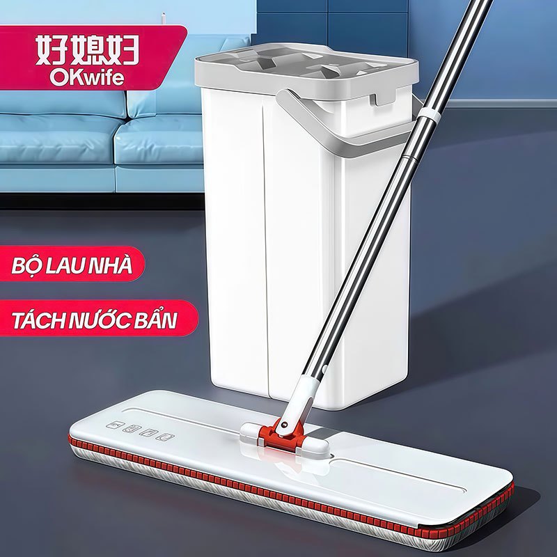 Bộ lau nhà tách nước bẩn OKwife HD-7022 thùng tự giặt vắt, bàn lau 35cm, kèm 2 bông lau