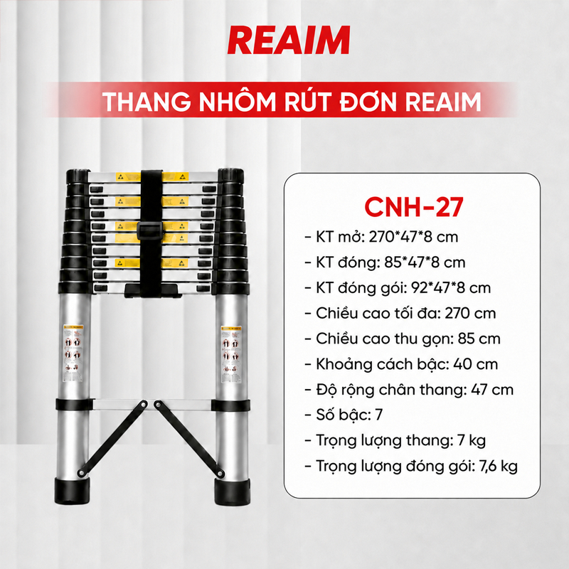 Thang nhôm REAIM rút đơn xếp gọn 1.9 - 5,9m công nghệ Nhật Bản, bảo hành chính hãng 24 tháng