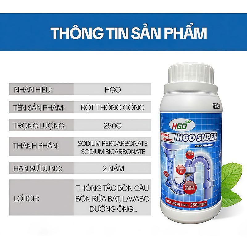 Bột Thông Cống Cực Mạnh HGO SUPER, Thông Tắc Bồn Cầu, Bồn Rửa Bát, Cống Thoát Nước 250G