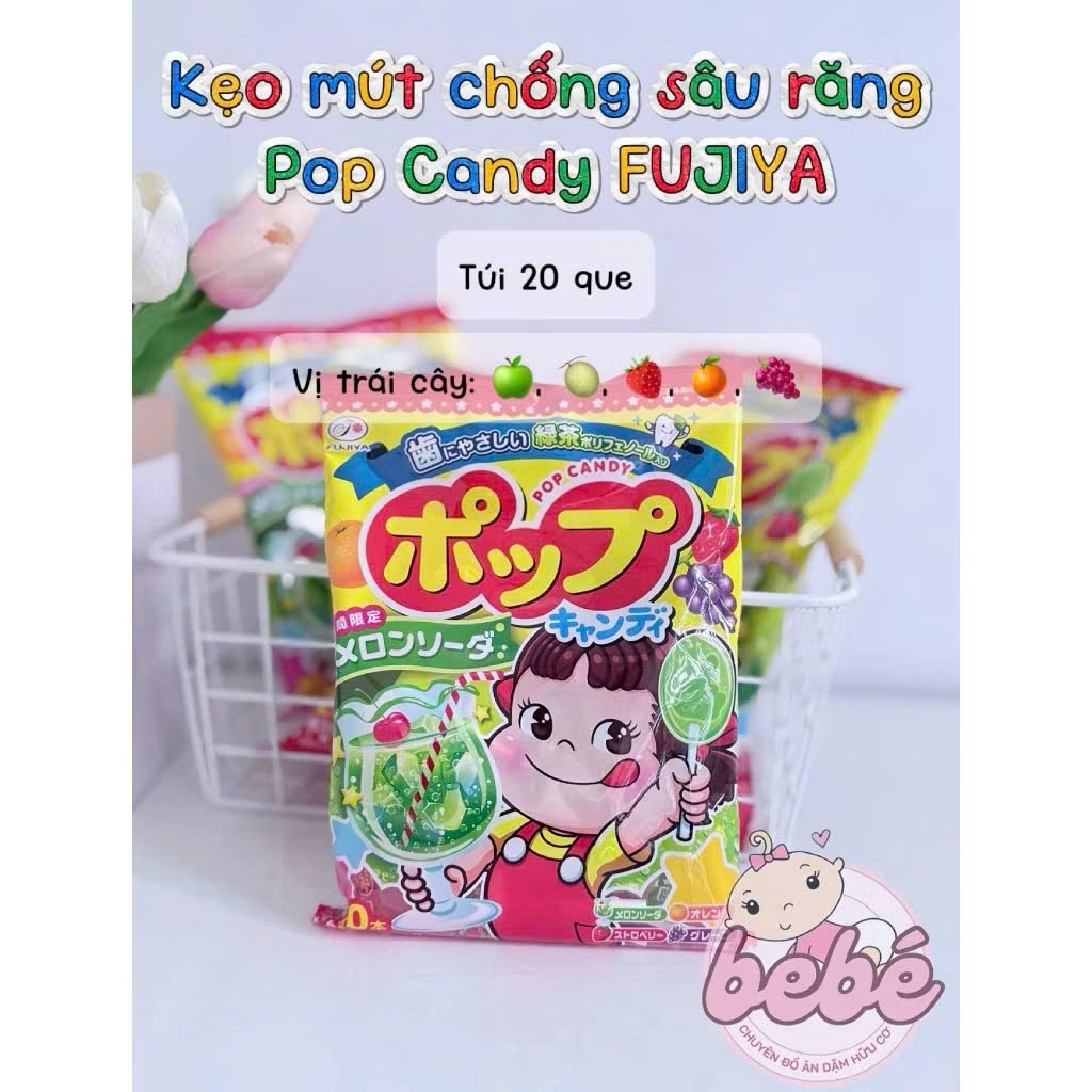 Kẹo Mút Cô Gái Trái Cây Chống Sâu Răng Fujiya Pop Candy  Nhật Bản 20 Cây. Kẹo Mút Cho Bé
