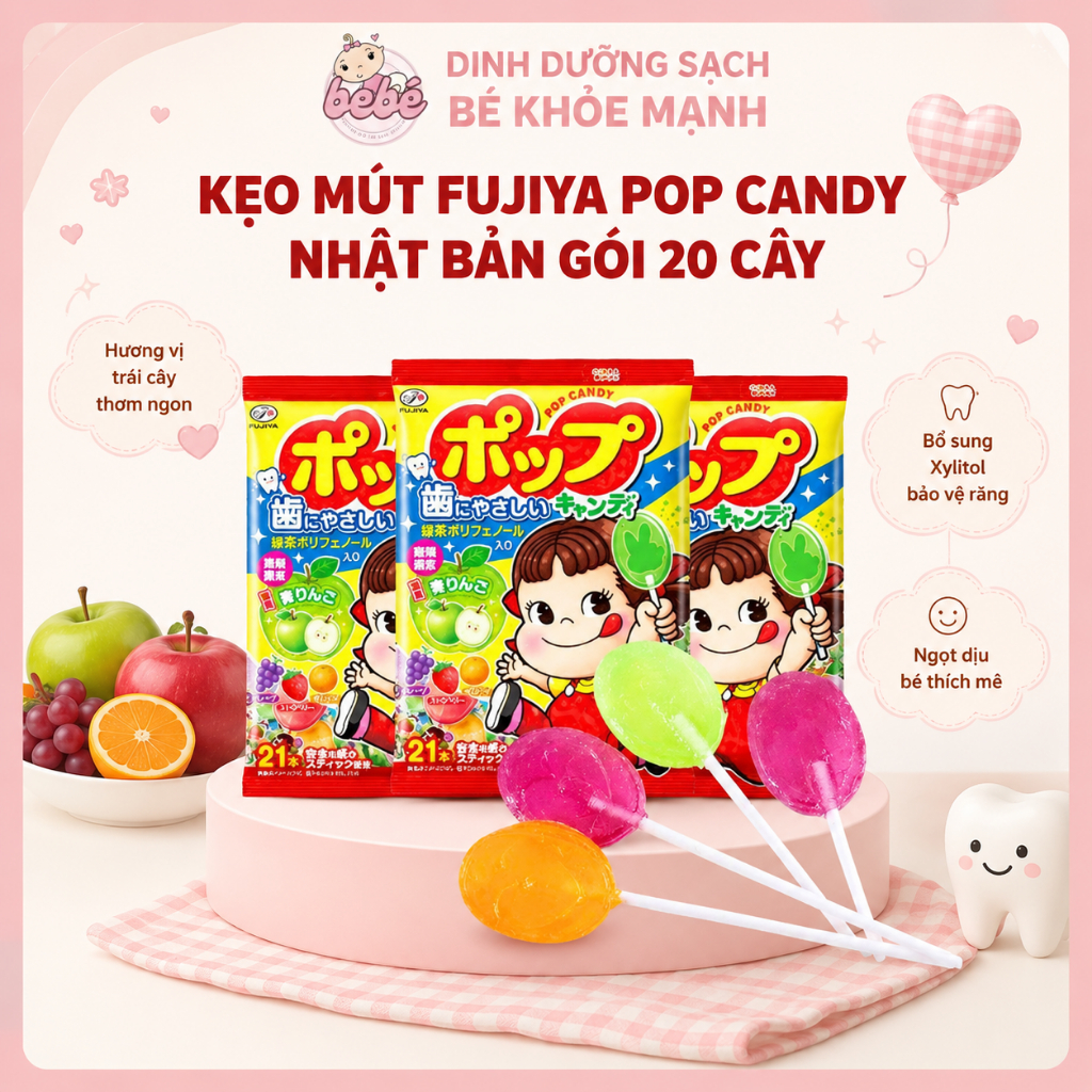 Kẹo Mút Cô Gái Trái Cây Chống Sâu Răng Fujiya Pop Candy  Nhật Bản 20 Cây. Kẹo Mút Cho Bé