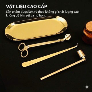 Bộ Dụng Cụ Chăm Sóc Nến Thơm Cát Cao Cấp - Gồm Kéo Cắt Bấc, Chuông Dập Nến, Móc Khêu Bấc Và Khay Đựng Mạ Vàng Sang Trọng