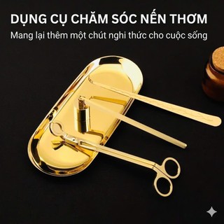 Bộ Dụng Cụ Chăm Sóc Nến Thơm Cát Cao Cấp - Gồm Kéo Cắt Bấc, Chuông Dập Nến, Móc Khêu Bấc Và Khay Đựng Mạ Vàng Sang Trọng