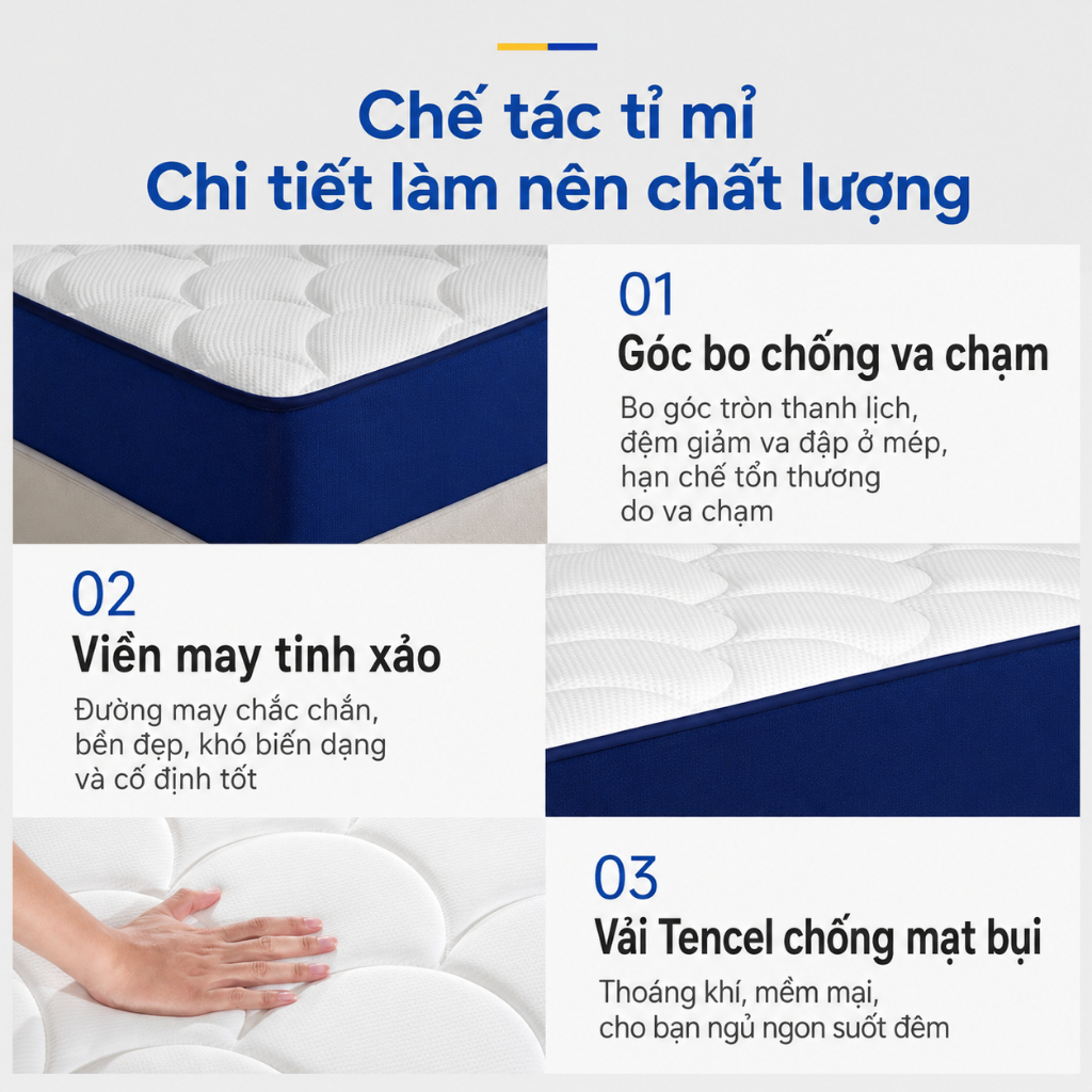 Nệm Lò Xo Túi Độc Lập 20cm Cao Cấp CONOCO Nâng Đỡ Cột Sống Êm Ái Thoáng Khí Không Dễ Xẹp Lún