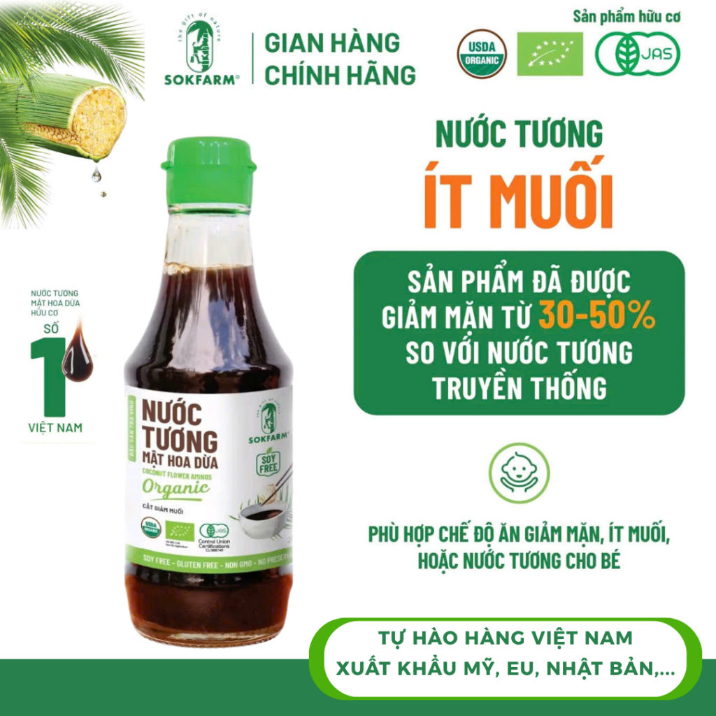 [Loại Giảm Muối] Nước tương Mật Hoa Dừa Organic Sokfarm không đậu nành, không gluten, cắt giảm muối