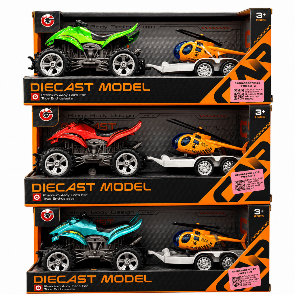 Xe Mô Tô Địa Hình Kéo Rơ Moóc Chở Trực Thăng Cho Bé, Xe Đồ Chơi Hợp Kim Diecast