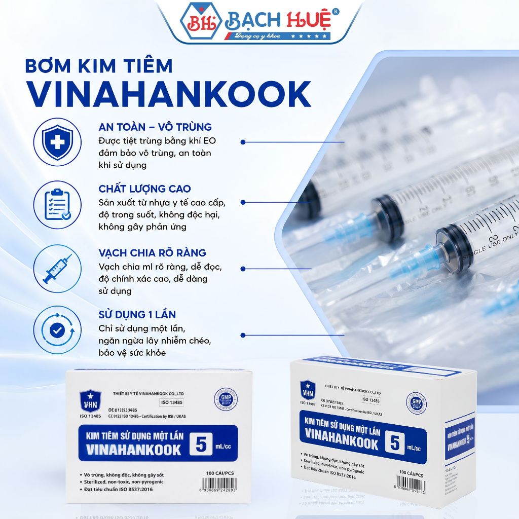 Hộp 100 Cái Bơm Kim Tiêm Vinahankook 5ml (5cc) 23G/ 25G – xi lanh y tế dùng một lần kim 23g / 25g