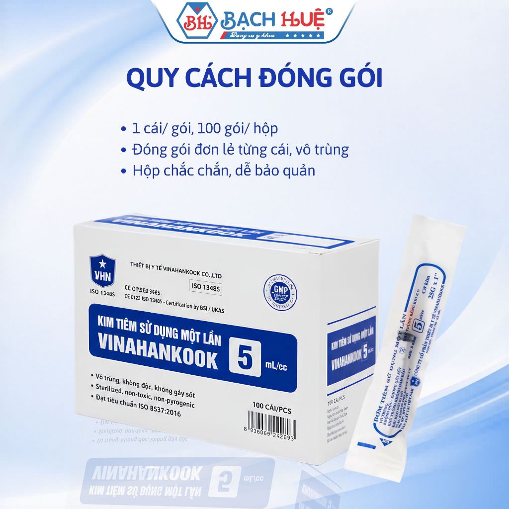 Hộp 100 Cái Bơm Kim Tiêm Vinahankook 5ml (5cc) 23G/ 25G – xi lanh y tế dùng một lần kim 23g / 25g