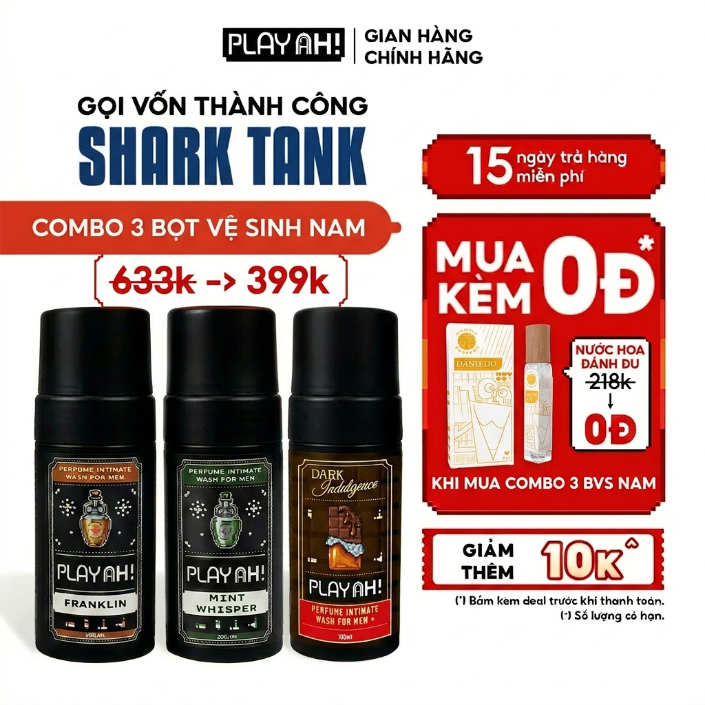 Bọt Dung Dịch Vệ Sinh Nam PlayAh! Dark Indulgence hương Chocolate/Mint Whisper/Franklin tạo bọt 100ml