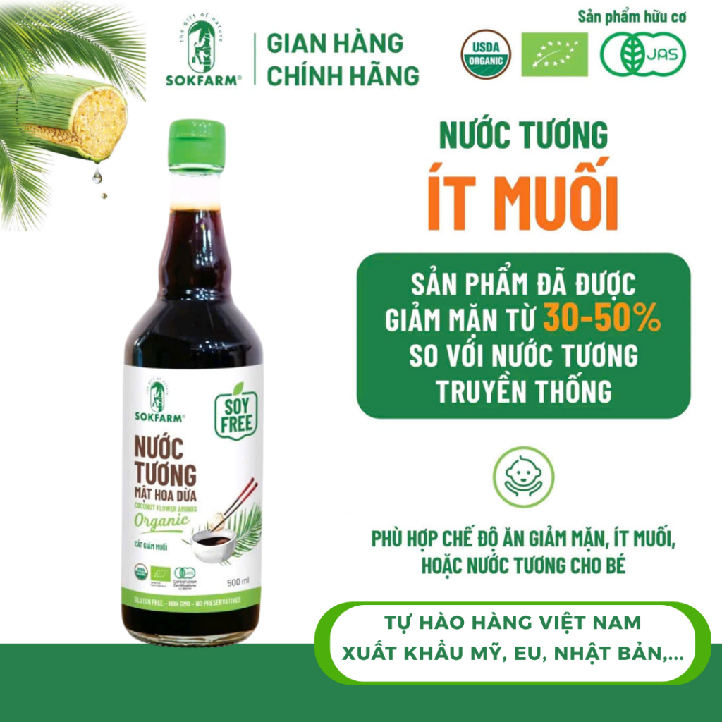 [Chai 500ml] Nước tương Mật Hoa Dừa Organic Sokfarm không đậu nành thuần chay, giảm muối - CHO BÉ