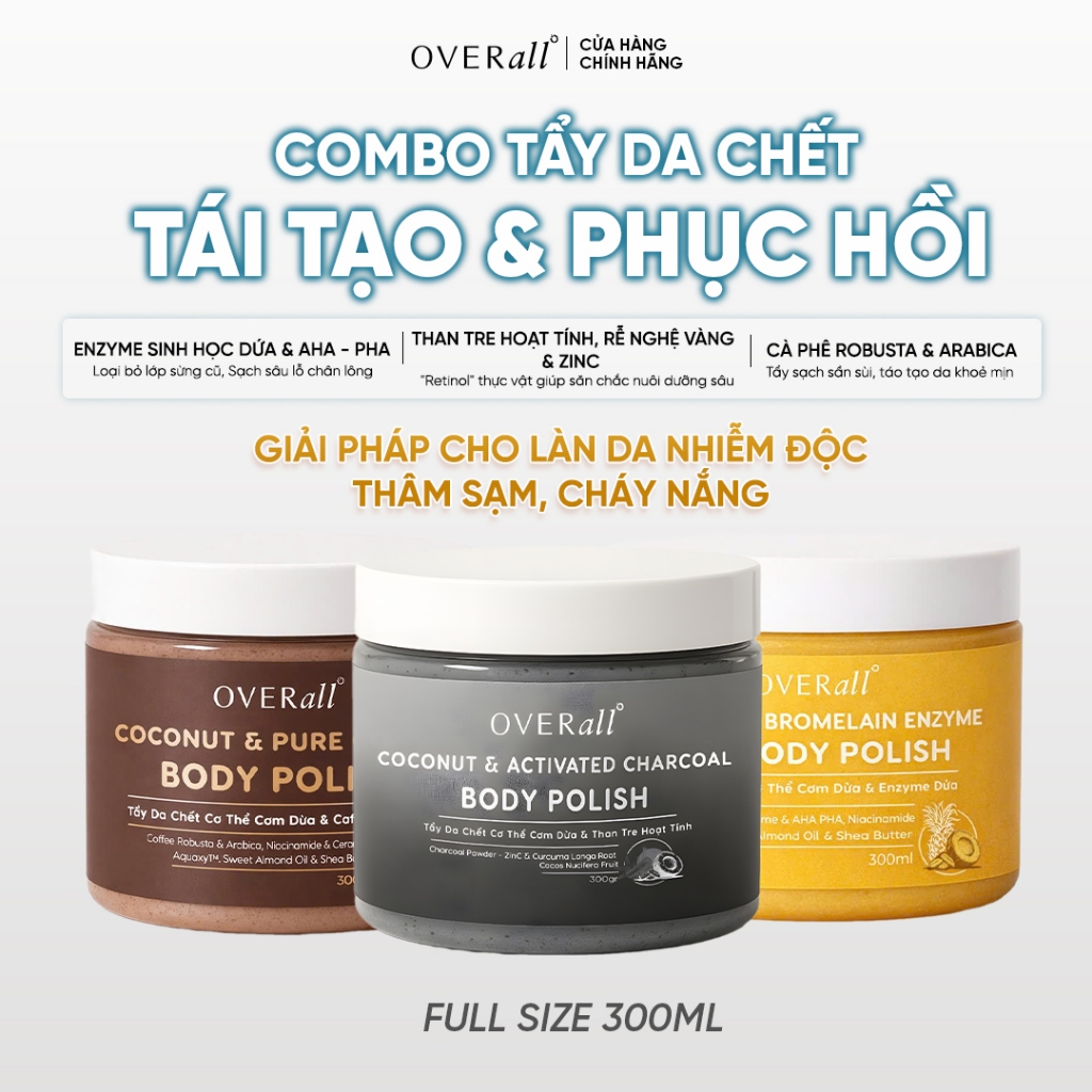 Combo 3 Tẩy Da Chết Cơ Thể Cơm Dừa Thiên Nhiên OVERall Dưỡng Da Sáng mịn Giảm Mụn Mờ Thâm Sáng Da