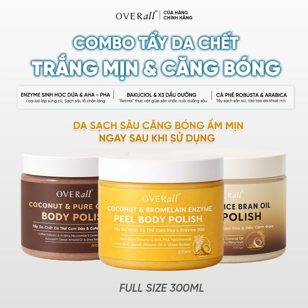 Combo 3 Tẩy Da Chết Cơ Thể Cơm Dừa Thiên Nhiên OVERall Dưỡng Da Sáng mịn Giảm Mụn Mờ Thâm Sáng Da