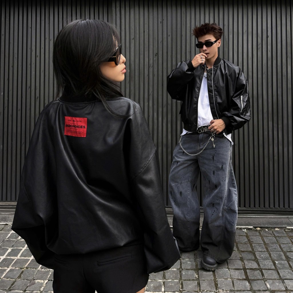 Bad Choices | Áo khoác Bomber Da lót dù phối logo đỏ form boxy
